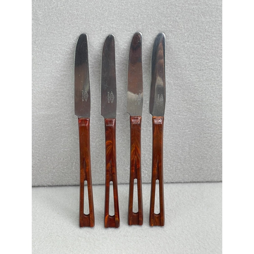 Vintage Stanley Stainless Dinner Knives Set of 4 – Brown Bakelite Handles USA